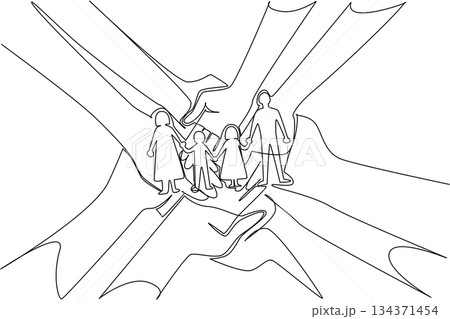 Continuous line drawing of parents and children surrounded by protective hands, symbolizing support, unity, and family love. Minimal design highlights Global Day of Parents in an elegant outline style 134371454