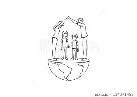 Single one line drawing parent holds hands to form roof of home with children stands in the middle. A friendly land for a family. Global Day of Parents. Continuous line design graphic illustration Single one line drawing parent holds hands to form roof of home with children stands in the middle. A friendly land for a family. Global Day of Parents. Continuous line design graphic illustration 134371455