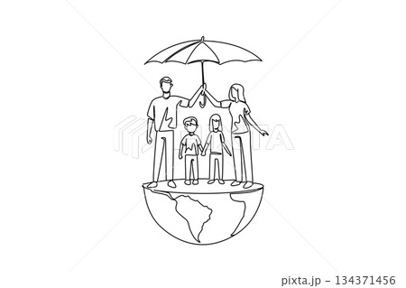 Continuous one line drawing parents together holds umbrella for their children stands on hemisphere of globe. Symbol as a protector. Global Day of Parents. Single line draw design vector illustration 134371456