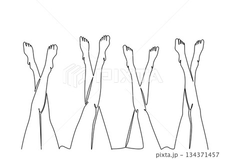 Single one line drawing 4 pairs of barefoot legs crossed with the feet raised. Relax and gossip by raising the legs up. Leisure. National Go Barefoot Day. Continuous line design graphic illustration Single one line drawing 4 pairs of barefoot legs crossed with the feet raised. Relax and gossip by raising the legs up. Leisure. National Go Barefoot Day. Continuous line design graphic illustration 134371457