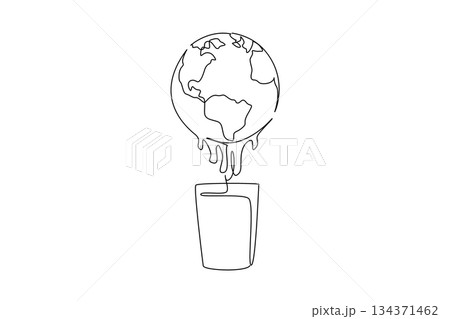 Single continuous line drawing black and white globe with milk squeezed into the glass below. Dairy farmers around the world harvest milk. Health. World Milk Day. One line design vector illustration Single continuous line drawing black and white globe with milk squeezed into the glass below. Dairy farmers around the world harvest milk. Health. World Milk Day. One line design vector illustration 134371462