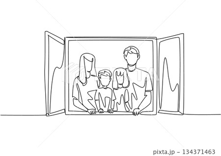 Single continuous line drawing a family in front of an open window. The appearance of an example of a happy, harmonious family. Compactness. Global Day of Parents. One line design vector illustration 134371463