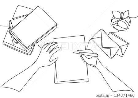 Single one line drawing a pair of hands writing on paper with a stack of books and paper envelopes. Write lots of messages to friends. Postal. Pen Pal Day. Continuous line design graphic illustration 134371466