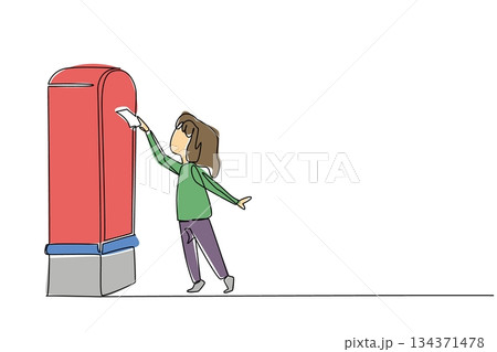 Continuous one line drawing a girl on tiptoe puts a letter into post box. Learn to send letters in the modern era. Communicate the classic way. Pen Pal Day. Single line draw design vector illustration 134371478