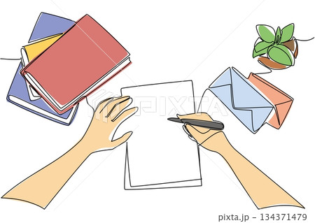 Single one line drawing a pair of hands writing on paper with a stack of books and paper envelopes. Write lots of messages to friends. Postal. Pen Pal Day. Continuous line design graphic illustration Single one line drawing a pair of hands writing on paper with a stack of books and paper envelopes. Write lots of messages to friends. Postal. Pen Pal Day. Continuous line design graphic illustration 134371479