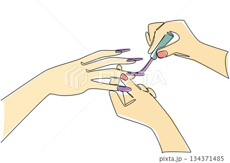Continuous one line drawing nails painted by pair of hands. Inviting nail care personnel. Preparing to look glamorous at the party National Nail Polish Day. Single line draw design vector illustration Continuous one line drawing nails painted by pair of hands. Inviting nail care personnel. Preparing to look glamorous at the party National Nail Polish Day. Single line draw design vector illustration 134371485