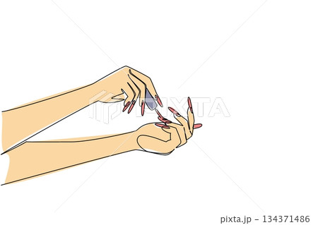 Continuous one line drawing hands painting nails. Beautify yourself by following beauty trends. Look glamorous and elegant. Care. National Nail Polish Day. Single line draw design vector illustration 134371486