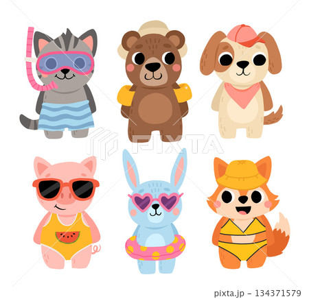 Cute summer tropical animals travel. Including brown bear, cat, dog, pig, fox, and rabbit. Cartoon kids illustration. 134371579