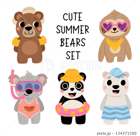 Cute summer bear set. Panda, koala, grizzly, polar, sloth. Kawaii cartoon character in sunglasses. Baby greeting card template. Notebook cover, tshirt. 134371580