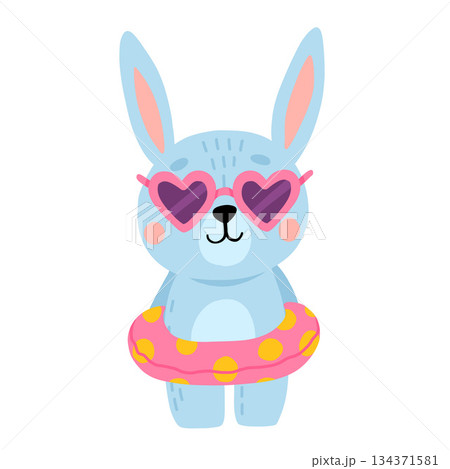 Cartoon baby rabbit in heart shaped sunglasses and swim ring. Cute blue bunny standing. Isolated vector illustration for childrens book. Cartoon baby rabbit in heart shaped sunglasses and swim ring. Cute blue bunny standing. Isolated vector illustration for childrens book. 134371581