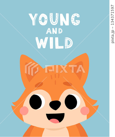 Animal fox kid card. Cute child greeting and invitation cards for birthday, baby party posters, motivational lettering. Childish print nursery decor. Bright background. Vector doodle characters 134371597