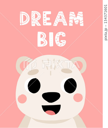 Animal polar bear kid card. Cute child greeting and invitation cards for birthday, baby party posters, motivational lettering. Childish print nursery decor. Bright background. Vector doodle characters 134371601
