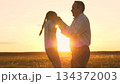 Silhouette parent and kid at sunset, father spinning little daughter, man and girl play outdoors, people in nature meadow, sky with golden sun, tiny child joy, childhood dream flight, together family 134372003