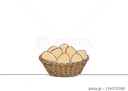 A continuous one line drawing of a woven basket filled with eggs, food object concept, farm-to-table illustration with minimalism and culinary vector design for National Egg Day celebration 134372300