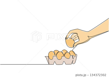 A continuous one line drawing of a human hand picking up an egg from a carton tray, food object concept, minimalism and culinary illustration focusing on kitchen preparation theme. National Egg Day A continuous one line drawing of a human hand picking up an egg from a carton tray, food object concept, minimalism and culinary illustration focusing on kitchen preparation theme. National Egg Day 134372302
