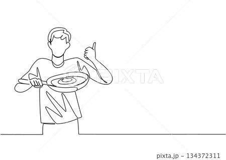 Single line drawing of a man cooking organic omega 3 eggs in a pan, honoring National Egg Day in a culinary concept with food theme, focusing on freshness, protein, and joyful healthy cooking. Single line drawing of a man cooking organic omega 3 eggs in a pan, honoring National Egg Day in a culinary concept with food theme, focusing on freshness, protein, and joyful healthy cooking. 134372311