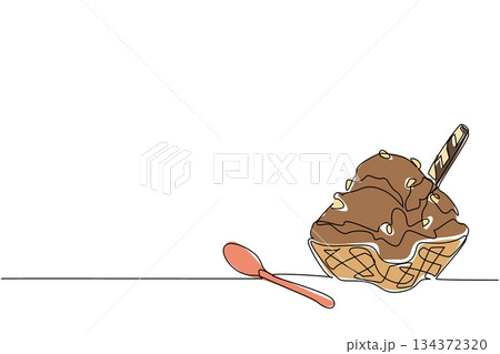 A single line drawing of a waffle bowl of rocky road ice cream with scoops, wafer sticks, and garnish, representing a sweet dessert food concept for National Rocky Road Day celebration event. 134372320