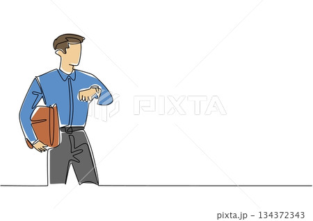Continuous line drawing of a man in office shirt holding a briefcase and checking his watch, representing business concept for National Leave Work Early Day with a workplace freedom celebration theme. Continuous line drawing of a man in office shirt holding a briefcase and checking his watch, representing business concept for National Leave Work Early Day with a workplace freedom celebration theme. 134372343