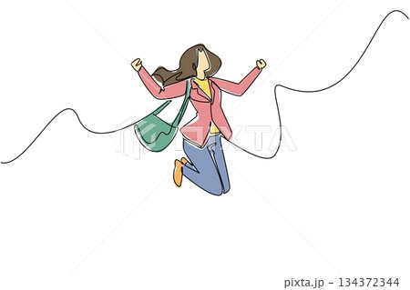 Continuous line drawing of a woman with long hair jumping in joy carrying a shoulder bag, symbolizing business concept for National Leave Work Early Day with happiness and freedom celebration theme. Continuous line drawing of a woman with long hair jumping in joy carrying a shoulder bag, symbolizing business concept for National Leave Work Early Day with happiness and freedom celebration theme. 134372344