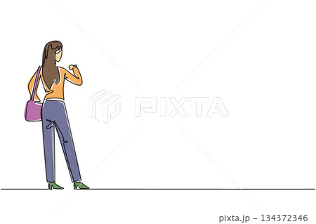 Continuous line drawing of a woman with long hair carry a handbag, walking confidently to symbolize a business concept for National Leave Work Early Day, representing empowerment and personal freedom Continuous line drawing of a woman with long hair carry a handbag, walking confidently to symbolize a business concept for National Leave Work Early Day, representing empowerment and personal freedom 134372346