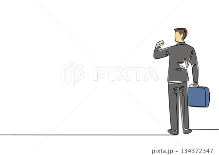 Continuous line drawing of a man holding a briefcase and looking forward with confidence, a business concept for National Leave Work Early Day, symbolizing success, ambition, and personal freedom. 134372347