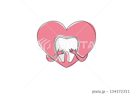 Continuous line drawing of a large pink heart embracing a white tooth, symbolizing dental care and love in health concept for National I Love My Dentist Day event. Continuous line drawing of a large pink heart embracing a white tooth, symbolizing dental care and love in health concept for National I Love My Dentist Day event. 134372351