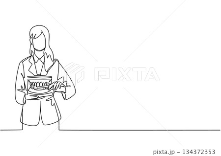 A continuous line drawing of a female dentist demonstrating proper brushing on a dental model, highlighting oral health education for National I Love My Dentist Day in a health concept. 134372353