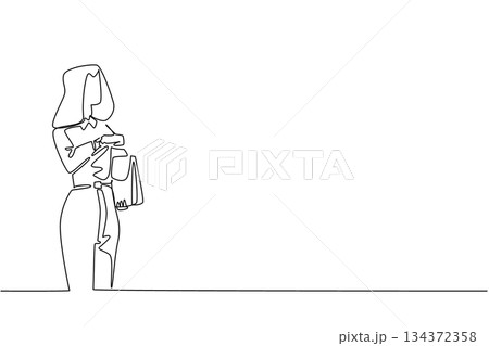 continuous line drawing of a young businesswoman holding a handbag and checking her watch, themed for National Punctuality Day to represent professionalism and effective time management 134372358