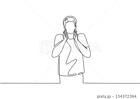 One line drawing of a young man sharing kind words, marking Say Something Nice Day. Great for communication and people concept pieces that promote empathy, compliments, and positive conversation. 134372364