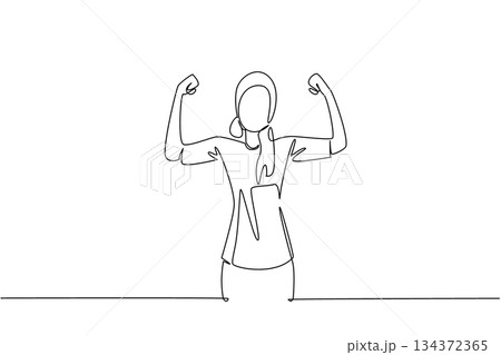 Powerful single line drawing of a woman flexing her arms with confidence, representing empowerment and victory for National Cancer Survivors Day, great for health advocacy concept. 134372365