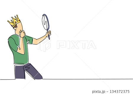 A one line drawing of a young man with a crown studying his mirror reflection, symbolizing self-obsession and pride. Perfect for World Narcissistic Abuse Awareness Day in a social behavior concept. 134372375