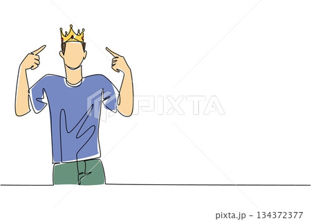 A single line drawing of a young man pointing proudly at his crown, highlighting arrogance, ego, and red flags. Ideal for World Narcissistic Abuse Awareness Day in a psychology and behavior concept A single line drawing of a young man pointing proudly at his crown, highlighting arrogance, ego, and red flags. Ideal for World Narcissistic Abuse Awareness Day in a psychology and behavior concept 134372377
