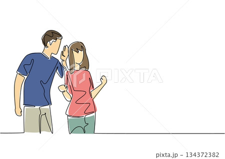 One line vector art of a young man whispering to a woman, symbolizing friendship, romance, and trust, perfect for creative social media, relationship, and communication concept designs. 134372382