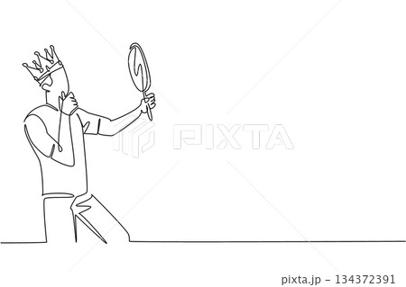 Single line drawing of a young man holding a mirror while wearing a crown, expressing self-admiration for World Narcissistic Abuse Awareness Day in a psychology and awareness concept design. Single line drawing of a young man holding a mirror while wearing a crown, expressing self-admiration for World Narcissistic Abuse Awareness Day in a psychology and awareness concept design. 134372391