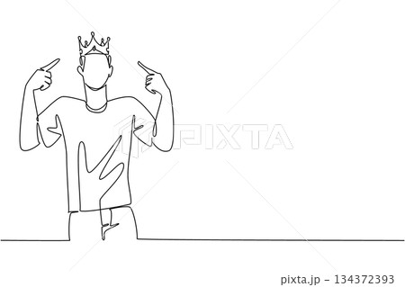 Single line drawing of a young man pointing proudly at his crown, representing ego and self-focus for World Narcissistic Abuse Awareness Day in a psychology concept with awareness message. Single line drawing of a young man pointing proudly at his crown, representing ego and self-focus for World Narcissistic Abuse Awareness Day in a psychology concept with awareness message. 134372393