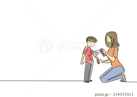 Continuous line drawing artwork for Insect Repellent Awareness Day showing a mother spraying repellent on her child, representing family protection, health awareness, and safety from mosquito bites. Continuous line drawing artwork for Insect Repellent Awareness Day showing a mother spraying repellent on her child, representing family protection, health awareness, and safety from mosquito bites. 134372421