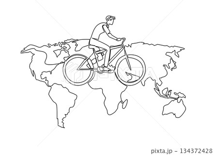 Minimal continuous line drawing of a young man cycling on a large world map, representing international cycling events for World Bicycle Day in a sport, tourism, and environment concept. 134372428
