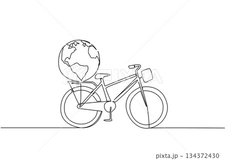 Simple single line drawing of a bicycle carrying a large globe on its back carrier, symbolizing global connection and sustainability for World Bicycle Day in a sport and travel concept. 134372430