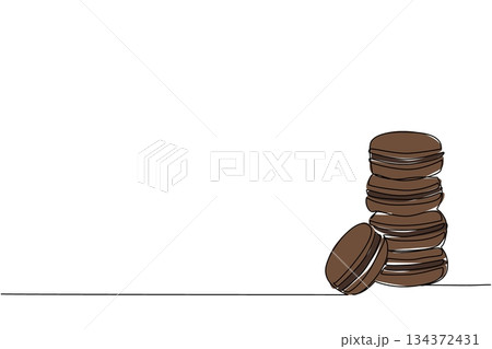 Continuous line drawing artwork of stacked chocolate macarons, created for National Chocolate Macaron Day, blending food concept illustration with elegant modern simplicity. 134372431