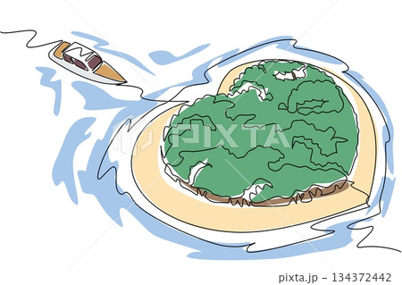 Continuous line drawing of a heart-shaped island with lush trees and a boat nearby, nature concept, romantic theme for Love Island Day, minimalist style symbolizing love and travel. 134372442