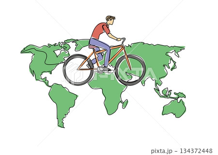 One line drawing of a man cycling on a world map, nature concept, eco-friendly theme for World Bicycle Day, minimalist style representing global unity through cycling. One line drawing of a man cycling on a world map, nature concept, eco-friendly theme for World Bicycle Day, minimalist style representing global unity through cycling. 134372448