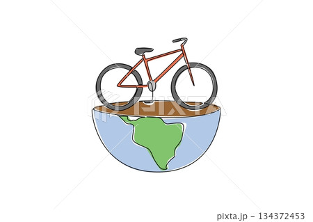 One line drawing of a bicycle standing on a half globe, nature concept, eco-friendly theme for World Bicycle Day, minimalist style promoting green transport and planet care. One line drawing of a bicycle standing on a half globe, nature concept, eco-friendly theme for World Bicycle Day, minimalist style promoting green transport and planet care. 134372453