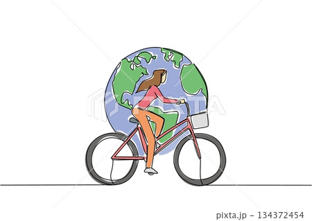 One line drawing of a woman riding a bicycle with the Earth in the background, nature concept, eco-friendly theme for World Bicycle Day, minimalist style symbolizing unity and sustainability. One line drawing of a woman riding a bicycle with the Earth in the background, nature concept, eco-friendly theme for World Bicycle Day, minimalist style symbolizing unity and sustainability. 134372454