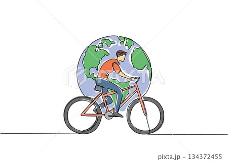 One line drawing of a man riding a bicycle with the Earth in the background, nature concept, eco-friendly theme for World Bicycle Day, minimalist style representing unity and sustainability. 134372455