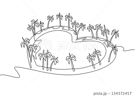 One line drawing of a heart-shaped tropical island with palm trees, nature concept, romantic theme for Love Island Day, minimalist style representing paradise and love. 134372457