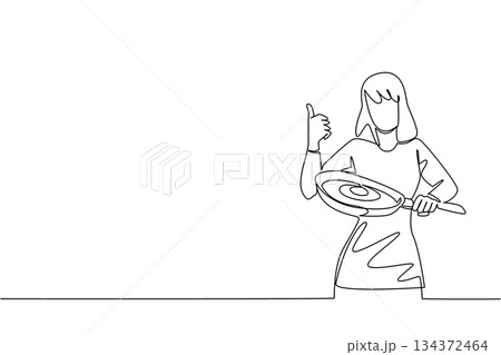 Continuous line draw of a woman cooking high protein omega eggs in a pan, celebrating National Egg Day in a culinary concept with food theme, promoting healthy eating, freshness, and daily nutrition. Continuous line draw of a woman cooking high protein omega eggs in a pan, celebrating National Egg Day in a culinary concept with food theme, promoting healthy eating, freshness, and daily nutrition. 134372464