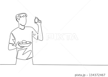 Single line drawing of a man holding an egg and a bowl of eggs, honoring National Egg Day in a health concept with food theme, focusing on freshness, protein, and daily nutrition. Single line drawing of a man holding an egg and a bowl of eggs, honoring National Egg Day in a health concept with food theme, focusing on freshness, protein, and daily nutrition. 134372467