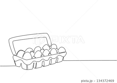 Single line drawing of an open carton tray filled with eggs, honoring National Egg Day in a health concept with food theme, focusing on freshness, nutrition, and daily cooking essentials. 134372469