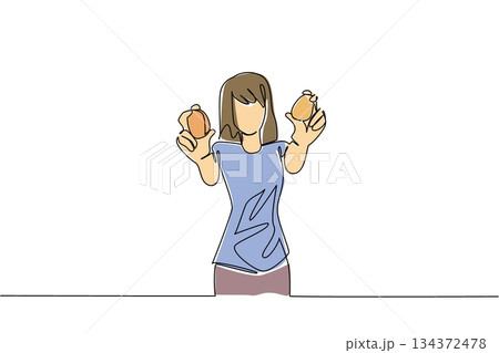 A continuous line drawing of a woman holding two eggs in her hands, food object concept, minimalist farm-to-table vector art for healthy breakfast and kitchen illustration themes. National Egg Day A continuous line drawing of a woman holding two eggs in her hands, food object concept, minimalist farm-to-table vector art for healthy breakfast and kitchen illustration themes. National Egg Day 134372478
