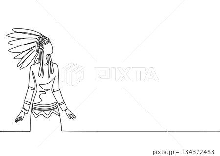 Continuous line drawing of a Native American man wearing a feather headdress playing a flute, symbolizing culture concept for American Indian Citizenship Day and indigenous musical traditions. 134372483